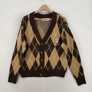 Playboy PacSun Cardigan Sweater Mens Small Brown Argyle Bunny Preppy Embroidered